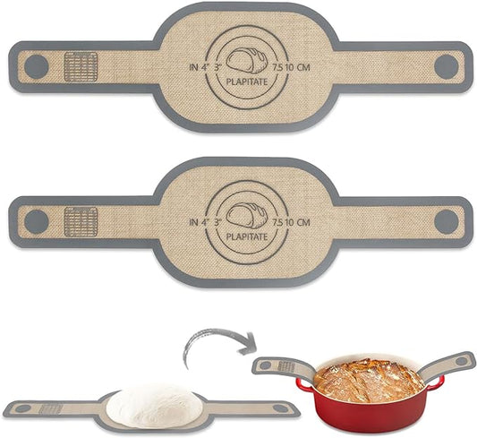 PLAPITATE Silicone Bread Sling Dutch Oven Liner, Non-Stick & Easy Clean Reusable Oval Silicone Baking Mat with Long Handles, Easy to Transfer Sourdough - 2 Gray Set