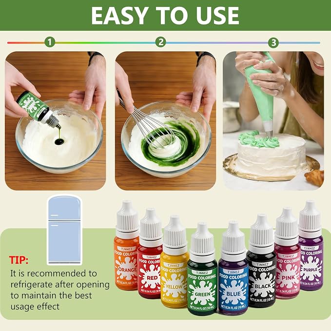 Natural Food Coloring, 8 Vibrant Liquid Food Dye, Artificial Dye Free & Plant Based Food Grade Color Set for Baking, Cake Decorating, Buttercream, Frosting & DIY Slime - 10ml per Bottle