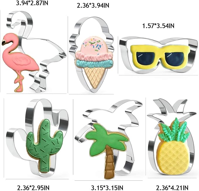 Crethinkaty 6 Pieces Summer Cookie Cutters Set for Baking - Flamingo,Palm Tree,Pineapple,Ice Cream,Cactus and Glasses Shape Stainless Steel Aroma Beads Biscuit/Pastry Cutter