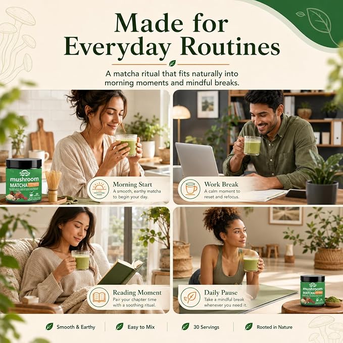 Suiyilary 10 Mushroom Matcha Powder with Lion's Mane, Reishi, Mushroom Polysaccharides & More, Japanese Ceremonial Matcha for Focus, Energy, Immunity Boost, Memory - 30 Serving