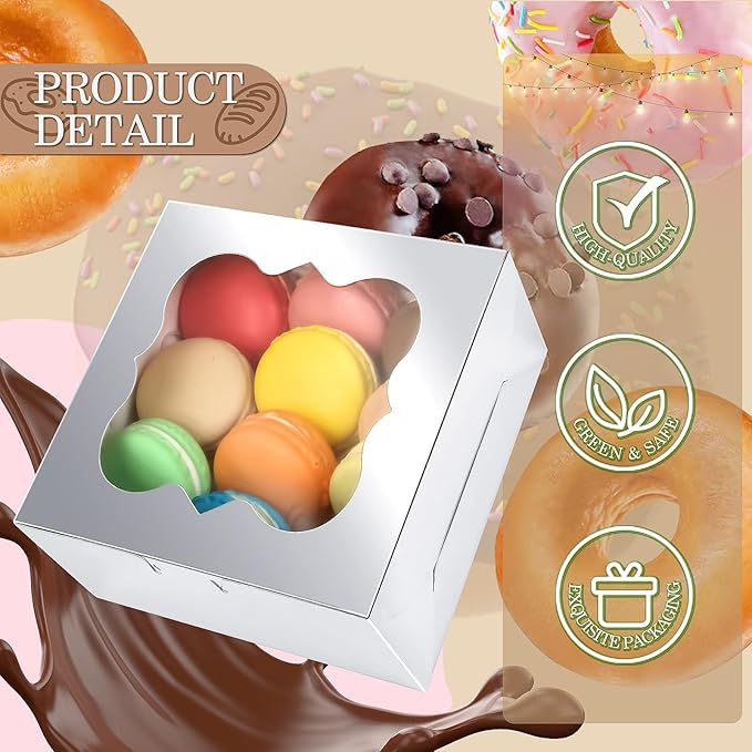 KPOSIYA 65PCS Bakery Boxes with Window 6x6x3 Inches 5 Style Cookie Boxes Small Pastry Boxes for Candy, Dessert, Pastry, Donuts, Birthday Party, Wedding(Silver)