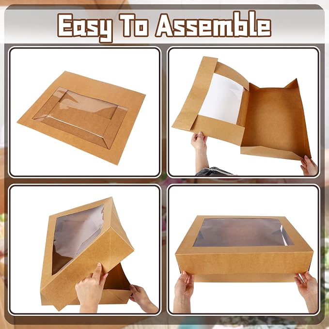 Gersoniel 19x14x4 Inch Half Sheet Cake Boxes Large Rectangle Bakery Boxes with Window Cardboard Treat Packaging Bakery Take out Containers for Pastry Baking Donuts Cupcake Pie(Brown,10 Pack)