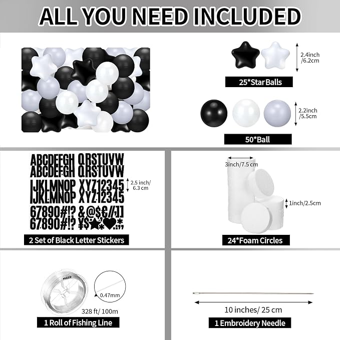 Simgoing 103 Pcs DIY Giant Friendship Bracelet Lei Kit Extra Large Beads Garland Jumbo Birthday Friendship Banner Kit Famous Singer Customizable Party Decor for Classroom(White Gray Black)