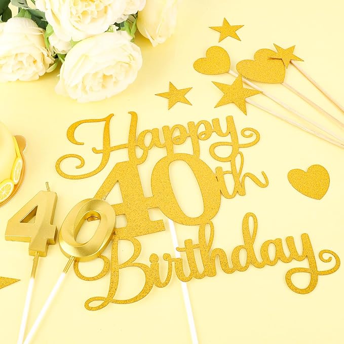 Happy 40th Birthday Cake Topper for 40th Birthday Decorations Numeral 40 Candle with Glitter Heart Cupcake Picks Set for Men Women Hello 40 Birthday Anniversary Party Cake Decor Supplies（GOLD）