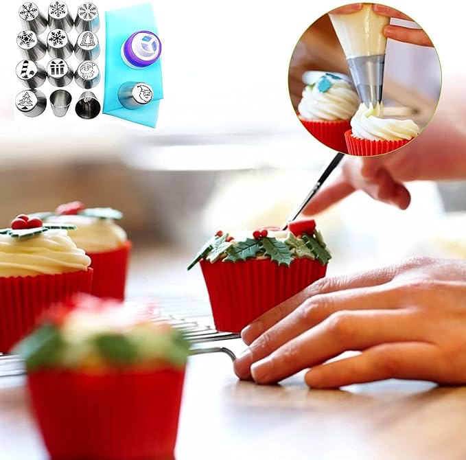 15PCS Christmas Piping Tips - Russian Icing Nozzles with Snowman, Snowflake, Christmas Tree, Santa Claus Patterns for Cupcake & Birthday Party