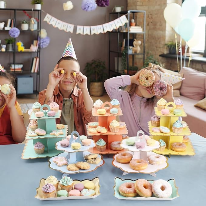 12 Pcs Tea Party Cupcake Stand Decorations Spring Cardboard Cupcake Tower 4 3-tier Cake Stands 3 2-tier Cake Holders 5 Trays for Flower Tea Party Princess Birthday Wedding Supplies(Macarons)