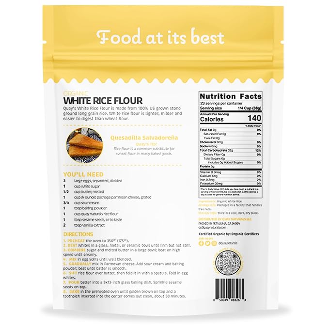 Quay Naturals Organic White Rice Flour, 2 lb, Finely Milled for Baking & Cooking - Gluten Free, Non GMO
