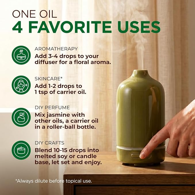 100% Pure Jasmine Essential Oil - 4 Fl Oz - Jasmine Oil for Hair, Skin, Diffuser, Aromatherapy & DIY Candle Making Scent
