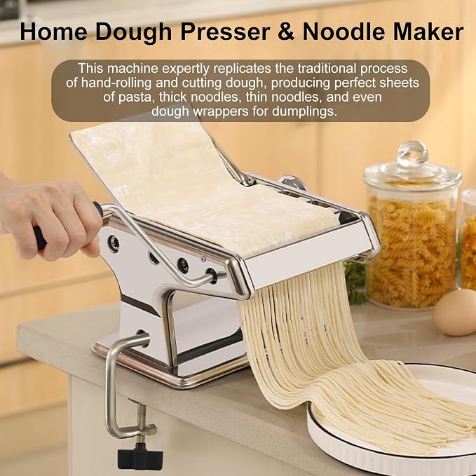 Home Manual Dough Presser, Stainless Steel Noodle Maker Machine, Dumpling Wrapper Press with 6-Thickness Settings (0.6-4.8mm), 3 Noodle Widths (2mm/6mm/9mm), Noodle Cutter for Kitchen