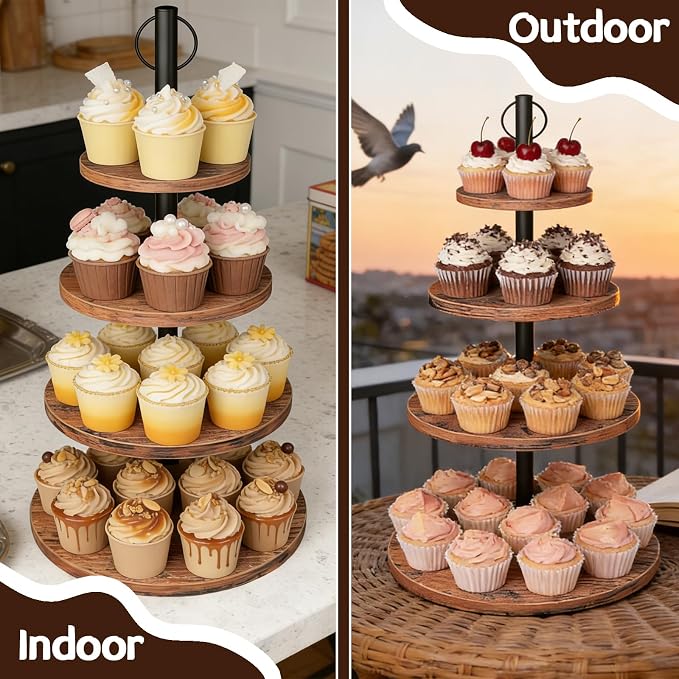 Cupcake Stand, 4 Tier Cake Stands Rustic Wood Cupcake Tower Round Tiered Tray Stand for Dessert Table Display, Industrial Wooden Serving Stand Wedding, Graduation and Baby Shower