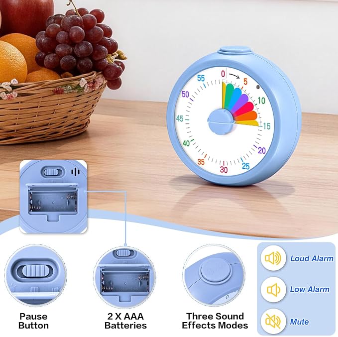 Mwellewm Visual Timer for Kids, 60 Minute Time Digital Pomodoro Timer Countdown with Silent Pause Function for Classroom Kitchen Study Cooking Meetings ADHD Rainbow Pattern(Circle Blue)