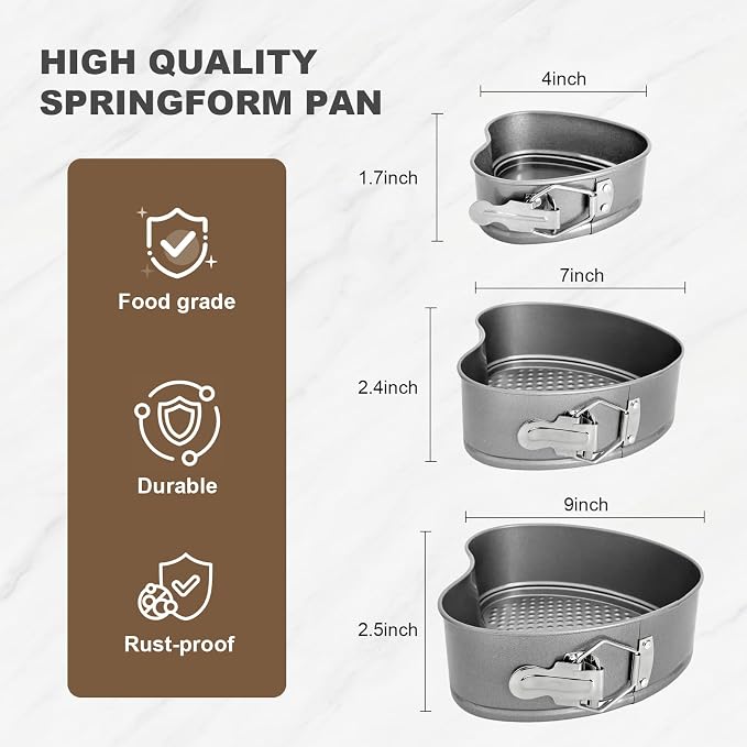 4"+7"+9" Non-Stick Springform Cheesecake Pan Set with Leakproof Heart Cake Pan, Removable Bottom and Quick Release Latch for Birthday Cake Molds (charcoal gray)
