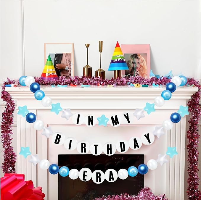 Simgoing 103 Pcs DIY Giant Friendship Bracelet Lei Kit Extra Large Beads Garland Jumbo Birthday Friendship Banner Kit Famous Singer Customizable Party Decor for Classroom(Blue)
