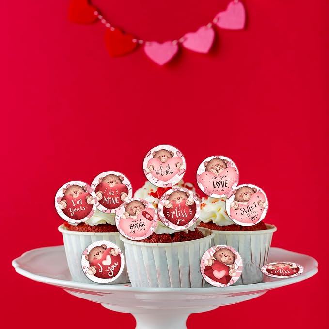 48PCS Edible Valentine's Day Bear Cupcake Toppers Wafer Paper I Love You Sweet Love Heart Cupcake Picks Be My Valentine Cake Decor for Valentine's Day Theme Party Decor Supplies