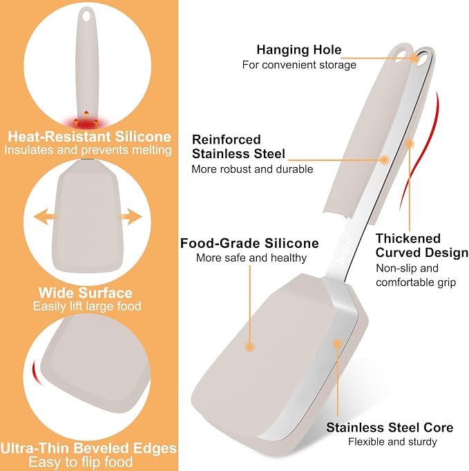 Beijiyi Silicone Spatula Turner, 600°F Heat Resistant, 13 x 3.2 in (Khaki) | BPA Free, Non-Toxic, Flexible Turner, Non Scratch for Non Stick Frying Pan, Flipping, Cooking, Dishwasher Safe