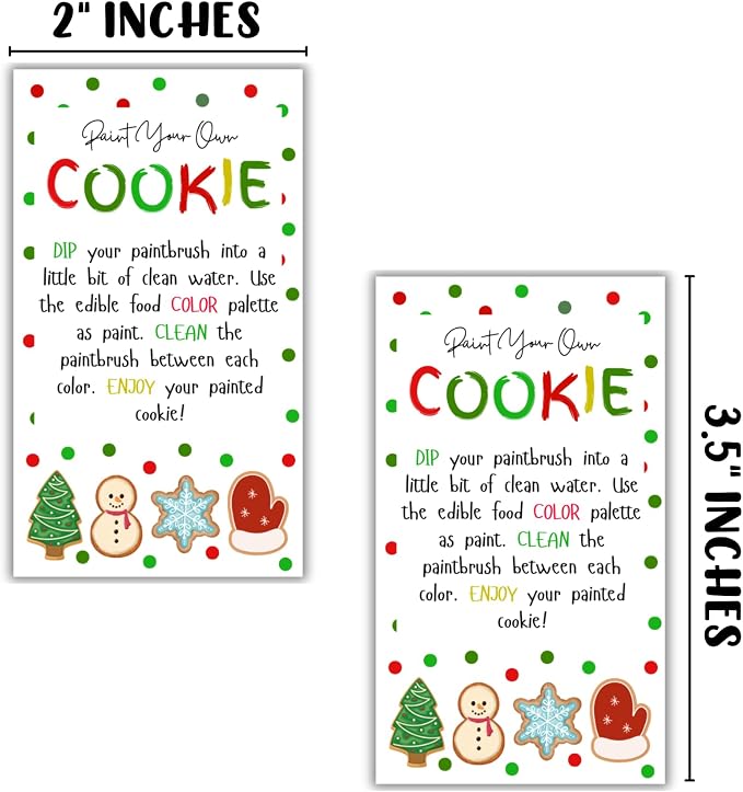 Paint Your Own Cookie Instruction Cards 50pk 3.5x2” for Christmas Holiday Sugar Cookies DIY Decorating Kit Bakers Care Bulk Guide Clients Food Coloring