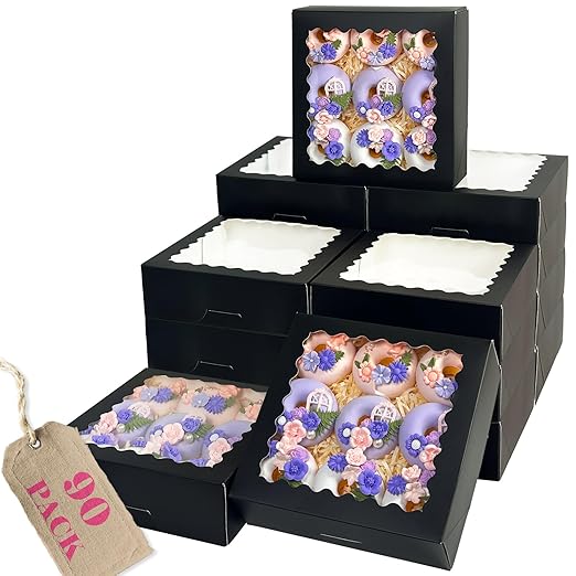 Bakepacker 90pcs Black Pie Boxes 8x8x2.5 inches Easy Assemble Macaroon Cookie Boxes Bakery Boxes with Window for Bakery (Auto-pop Up)