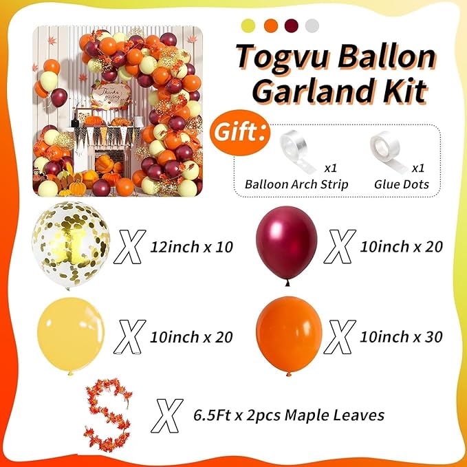 Fall Balloon Arch Kit, Fall Birthday Party Decorations, Orange Burgundy Yellow Gold Confetti Balloons Garland Kit with 6.5 Ft Maple Leaves for Home Thanksgiving Autumn Baby Shower Party Decor Supplies