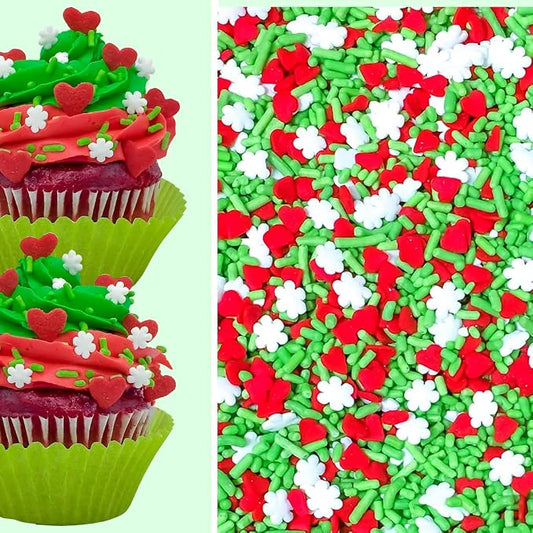 Grinchy Heart Christmas Holiday Baking Cupcake Cake Decoration Confetti Sprinkles Cake Cookie IceCream Donut Jimmies Quins - 4oz