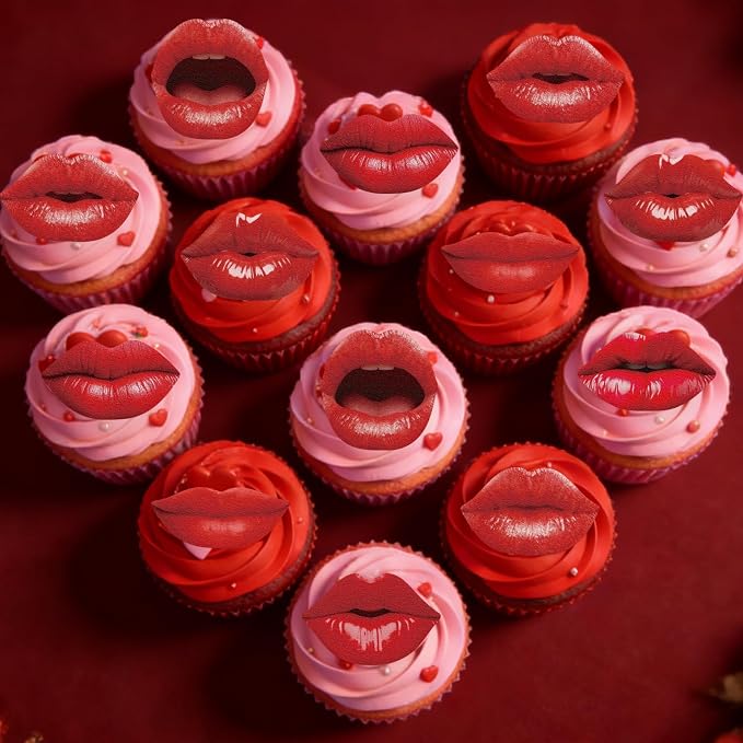 54PCS Edible Red Lips Cupcake Toppers Wafer Paper Kiss Lips Cupcake Picks Happy Valentine's Day Cake Decor for Valentine's Day Theme Party Birthday Decoration Supplies