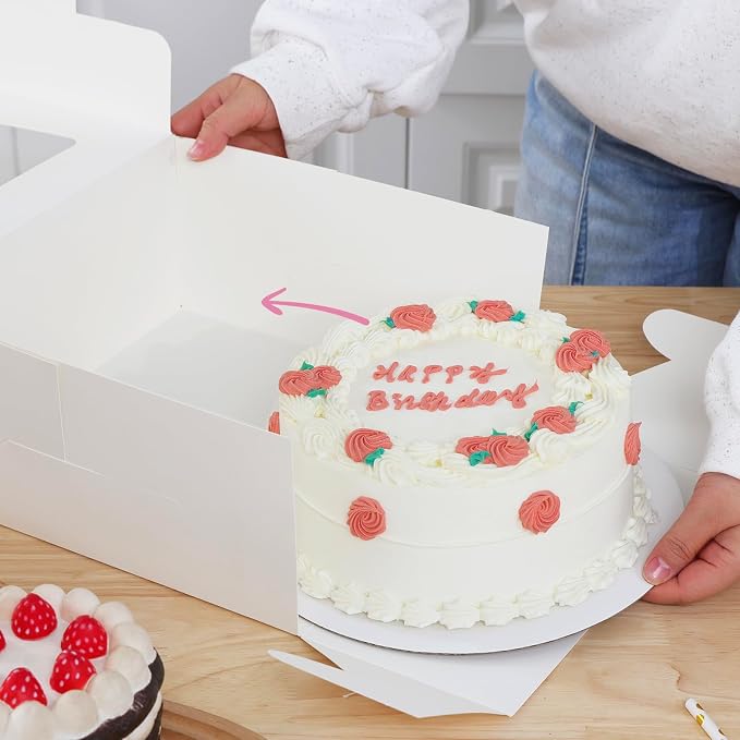 Moretoes 20 Set Cake Boxes, 10x10x5 Inches Tall White Square Bakery Boxes with Cake Boards Cajas Pasteles for Cakes, Valentine's Day, Mother's Day, Birthday, Wedding, Party