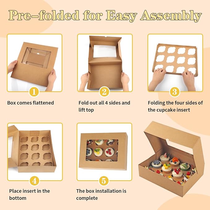 Cupcake Box, Disposable Cupcake Container Bulk, Auto-pop up, 2 Pcs, Brown | Cupcake Holder Holding 12 Count Cupcakes, Cupcake Carrier with Window, Easy To Assemble, Transport and Store Cupcake, Sturdy