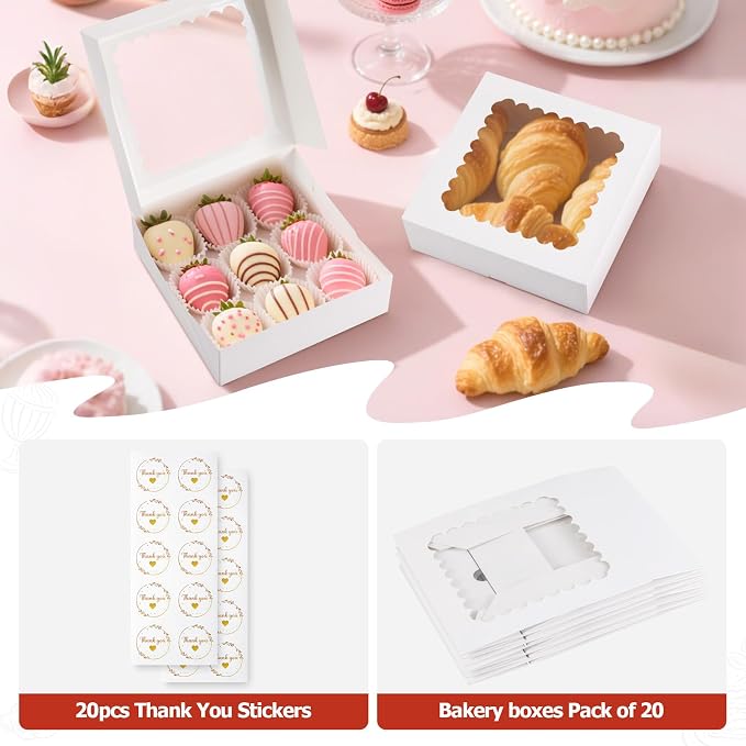 20 Pcs Chocolate Covered Strawberry Boxes with Window, Auto-Pop-Up 8x8x2.5 inches White Treat Boxes for Bakery,Pastry, Cookie, Dessert, Donut and Muffin