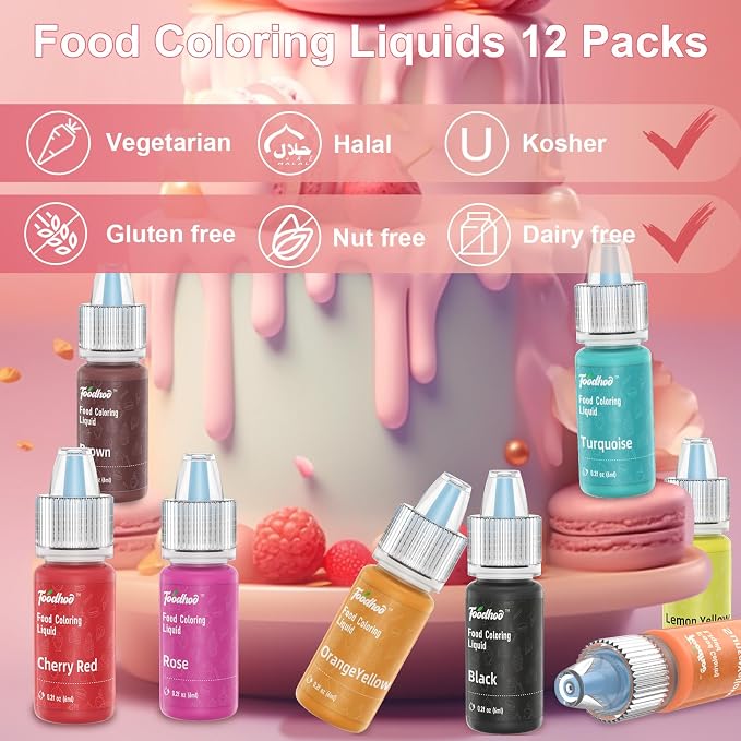 Food Coloring Liquids 24 Colors, Vibrant Food Coloring Set for Cake Decorating, Cookies, Icing, Frosting, Doughnut, Halloween, 6ml/bottle