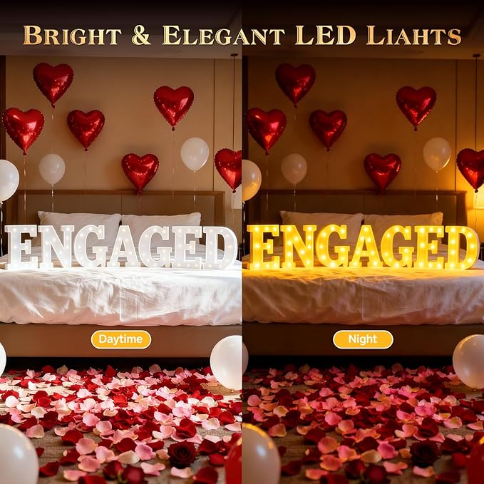 Engagement Party Decorations, Engaged LED Light Up Letters, With Rose Petals, Aluminum Balloons, Round Pearlescent Balloon, Double Sided Tape, for Wedding Engagement Bridal Shower Engaged Party Decor