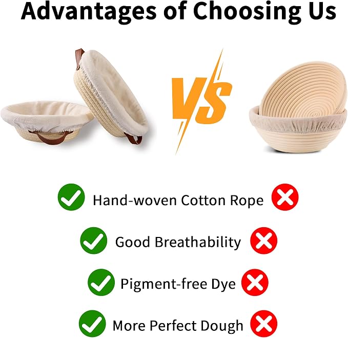 2 Pack Banneton Bread Baskets, Handmade Cotton Rope Weaving Sourdough Bread Baking Supplies, 10 inch Round & 10 inch Oval Bread Basket, Family Baking Tools with Liner