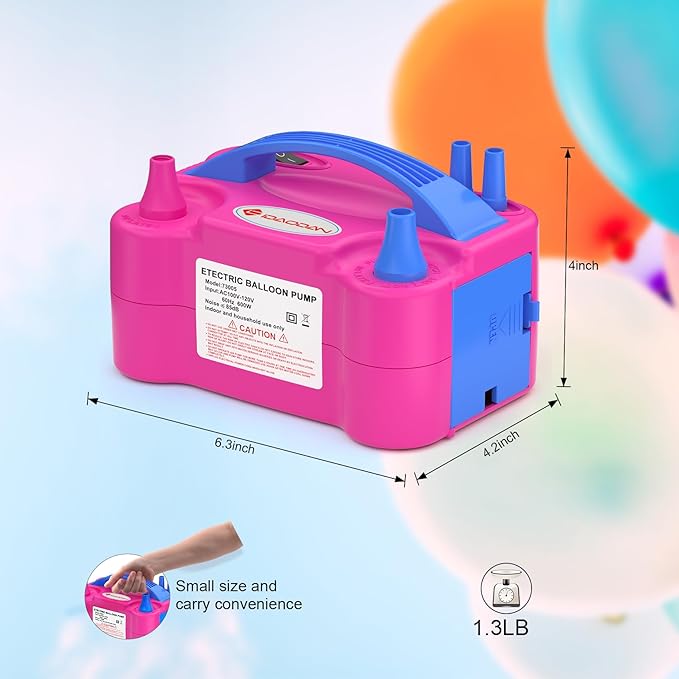 IDAODAN Electric Balloon Pump, Portable Electric Balloon Blower Machine Balloon Air Pump Dual Nozzle Rose Red 110V 600W Balloon Inflator for Party Decorations