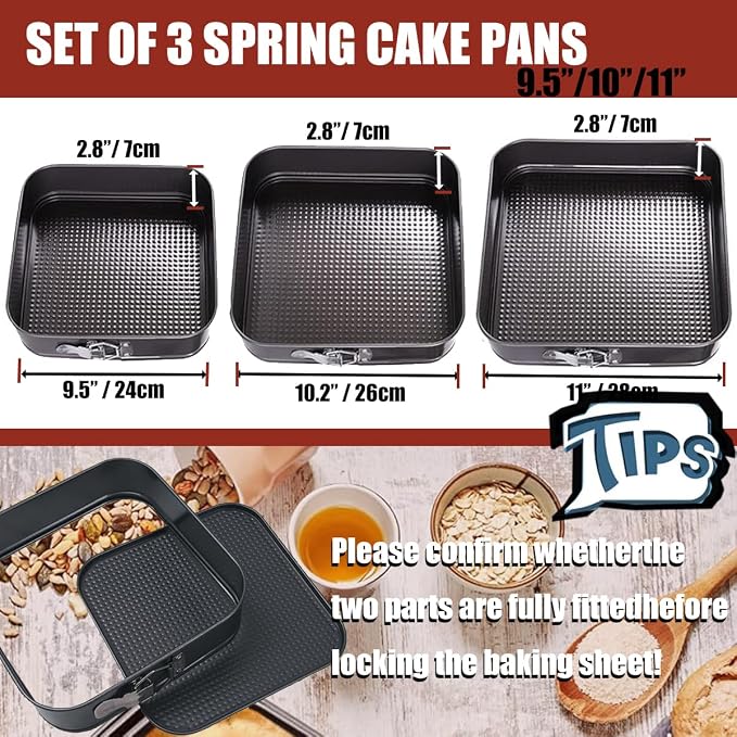 Springform Pan Set, 9.5/10/11Inch Square cake pans, Nonstick Bakeware Springform, Leakproof Cake Pans with Removable Bottom for Baking, Cheesecake Pan (Square, 9.5/10/11 inch)