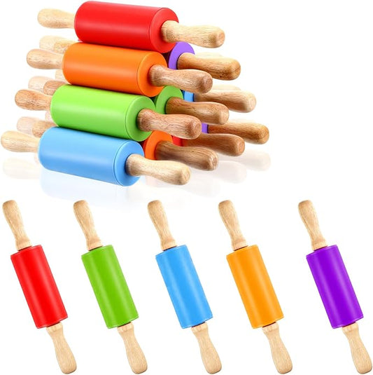 10Pcs 9 Inch Silicone Small Rolling Pin for Kids Wooden Rolling Pins for Baking Mini Silicone 5 Colors Wooden Handle Rolling Pin for Kitchen Cake Baking Cookie