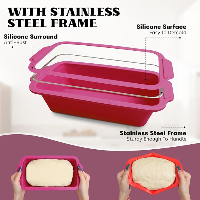 Bread Pans for Homemade Bread：9.5 x 5 Inch Silicone Loaf Pan for Baking with Metal Frame - Nonstick Banana Loaf Tin Tray for Sandwich Sourdough Pumpkin Sour Dough - for Oven Kitchen Home Bakers