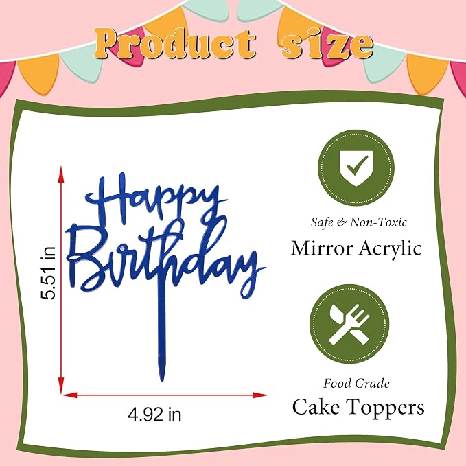 Blue Happy Birthday Cake Topper - Acrylic WordArt Design for Cakes and Cupcakes, Suitable for Birthday Party Decoration