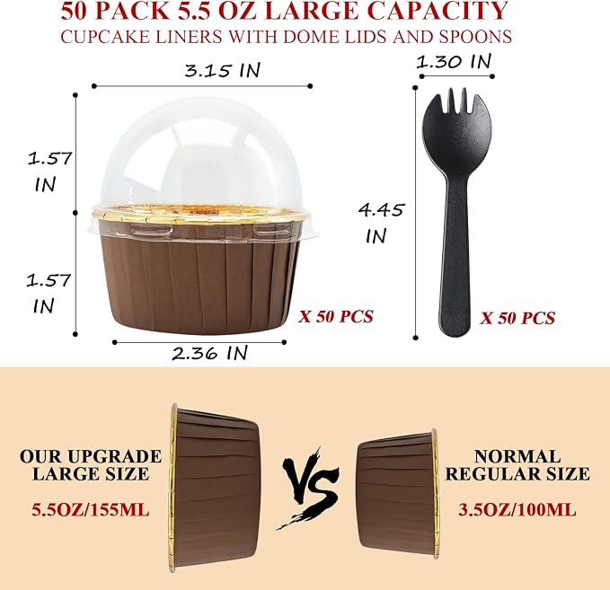 5oz Foil Cupcake Cups Muffin Tins 50 Pack,LNYZQUS Cupcake Liners with Dome Lids,Disposable Ramekins Pans Tins Wrappers Holders,Large Muffin Liners Baking Cups-Brown in gold