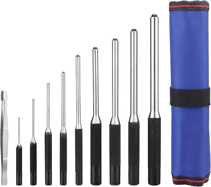 WORKPRO 9-Piece Roll Pin Punch Set with Tweezers, Forged CR-V Steel, Punch Tool Set with Nylon Pouch, Pin Removal Tool for Automotive, Watch Repair, Jewelry and Craft