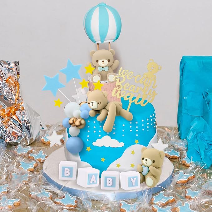 Yinder Bear Cake Toppers Mini Bear Cake Decorations Cake Toppers Gold White Pearl Ball for Birthday Party Decorations(Blue, Brown,Cute Style)