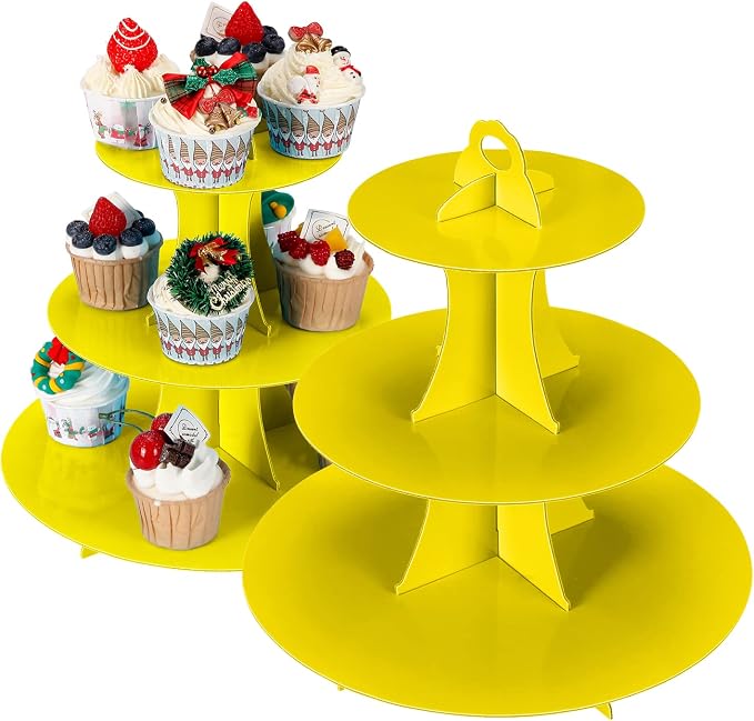 YLDW Cupcake Stand 2Pcs, 3-Tier Cupcake Stand Display, Cardboard Cup Cake Tower Stand, Disposable Dessert Stand for Birthday Tea Party Baby Shower Treat Decorations, Yellow