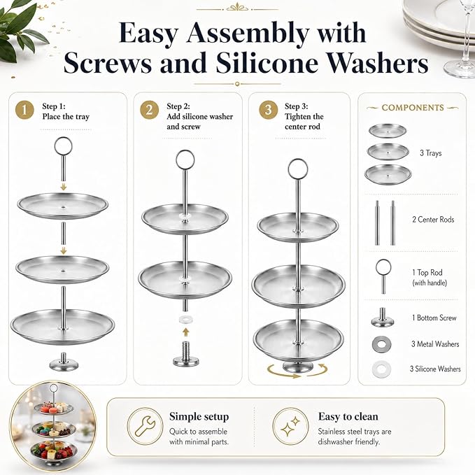 YOUNTHYE 2 Pack Silver Cupcake Stand, 3 Tier Stainless Steel Tiered Serving Tray, Dessert Display Stand for Cupcakes, Cookies, Fruit, Wedding, Birthday, Tea Party and Holiday Table