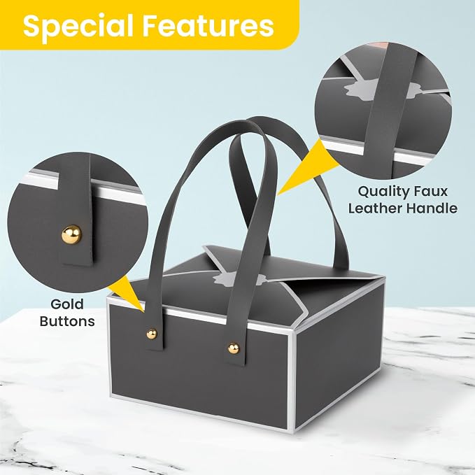 Hammont Gift Boxes - 4 Pack of Gift Boxes with Faux Leather Handles - Cookie Boxes - Versatile Gift Boxes for Presents - Elegant Box for Cakes Candy | Jewelry | Chocolates (5"x7"x3" (Grey))
