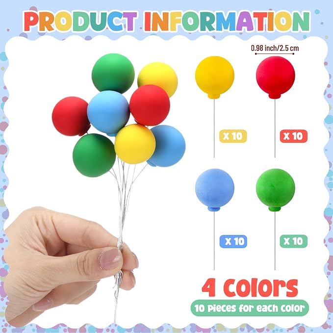 Sieral 40 Pcs Mini Balloon Cake Toppers Colorful Rainbow Topper Round Clay Balls Cupcake Toppers for Birthday Baby Shower Wedding Party Decorations(Classic Color,Clay)