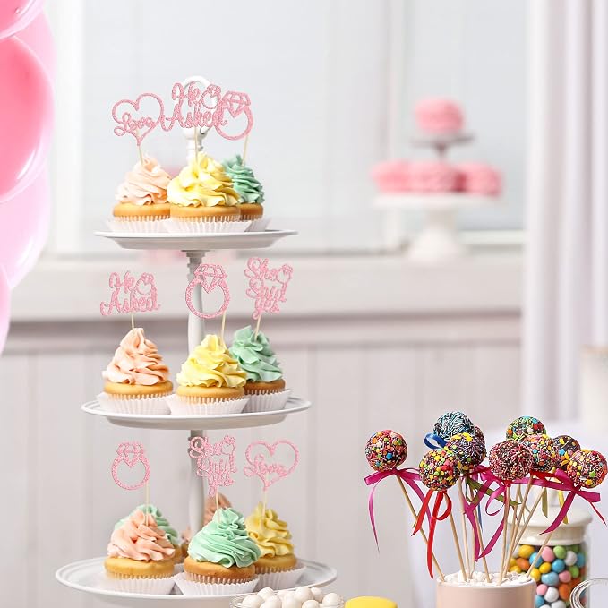 Gyufise Pink 24Pcs He Asked She Said Yes Cupcake Toppers Diamond Ring Heart Cake Picks for Wedding Engagement Party Cake Decorations