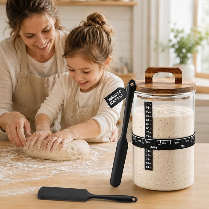 Sourdough Starter 35 Oz Jar,Glass Sourdough Bread Baking Supplies with Wooden Handle Lid,Sour Dough Bread Starter Jar Kit,Date Marked Feeding Band,Thermometer,Silicone Scraper,Sewn Cloth Cover