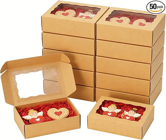 50pcs Cookie Boxes with Window 7x4.375x1.5 Inches Bakery Boxes Treat Box Chocolate Covered Strawberries Box for Christmas Valentine's Day Mother's Day - Brown