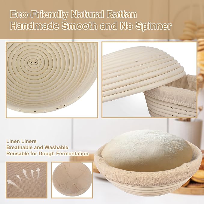 TNELTUEB Bread Proofing Basket Set, Incl 10'' Round & 9.6'' Oval Rattan Banneton, Dough Whisk, Scraper, Lame, Linen - Natural