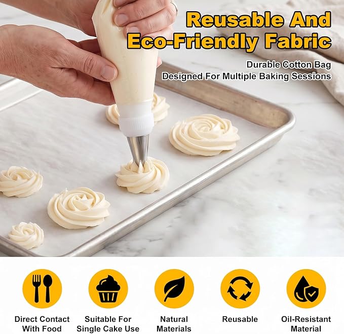 11 Piece Reusable Piping Bags and Tips Set, 16inch Pastry Bags with 6pcs Large Stainless Icing Tips, Coupler and Cleaner, Suitable for Cake Decorating, Cupcakes, Cookies