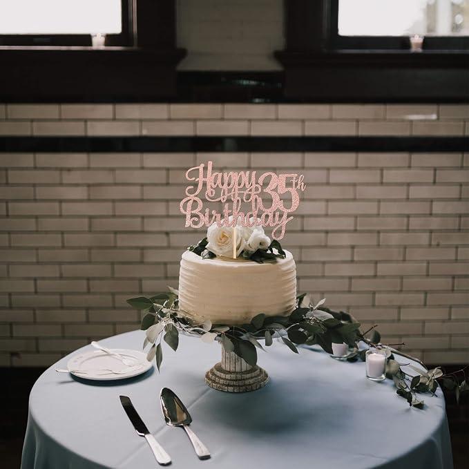 1 PCS Happy 35th Birthday Cake Topper Glitter Cheers to 35 Years Birthday Cake Pick 35 Fabulous Cake Decoration for Happy 35th Birthday Theme Party Decorations Supplies Rose Gold