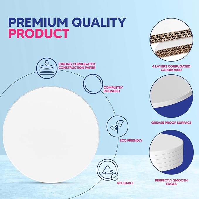 RICCLE Cake Boards - 12 Inch Cake Drum - Smooth-Edged Pack of 6 Cake Drums - Sturdy Cake Boards Round - Bend Resistant Multi-Layered Cake Base for Minimalist Displays