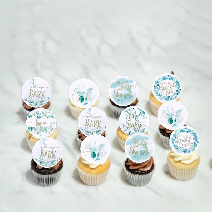 60 PCS Edible Baby Shower Cupcake Toppers Woodland Jungle Leaf Love Welcome Baby Cupcake Picks Edible Oh Baby Cake Decorations for Baby Shower Theme Gender Reveal Kids Birthday Party Supplies